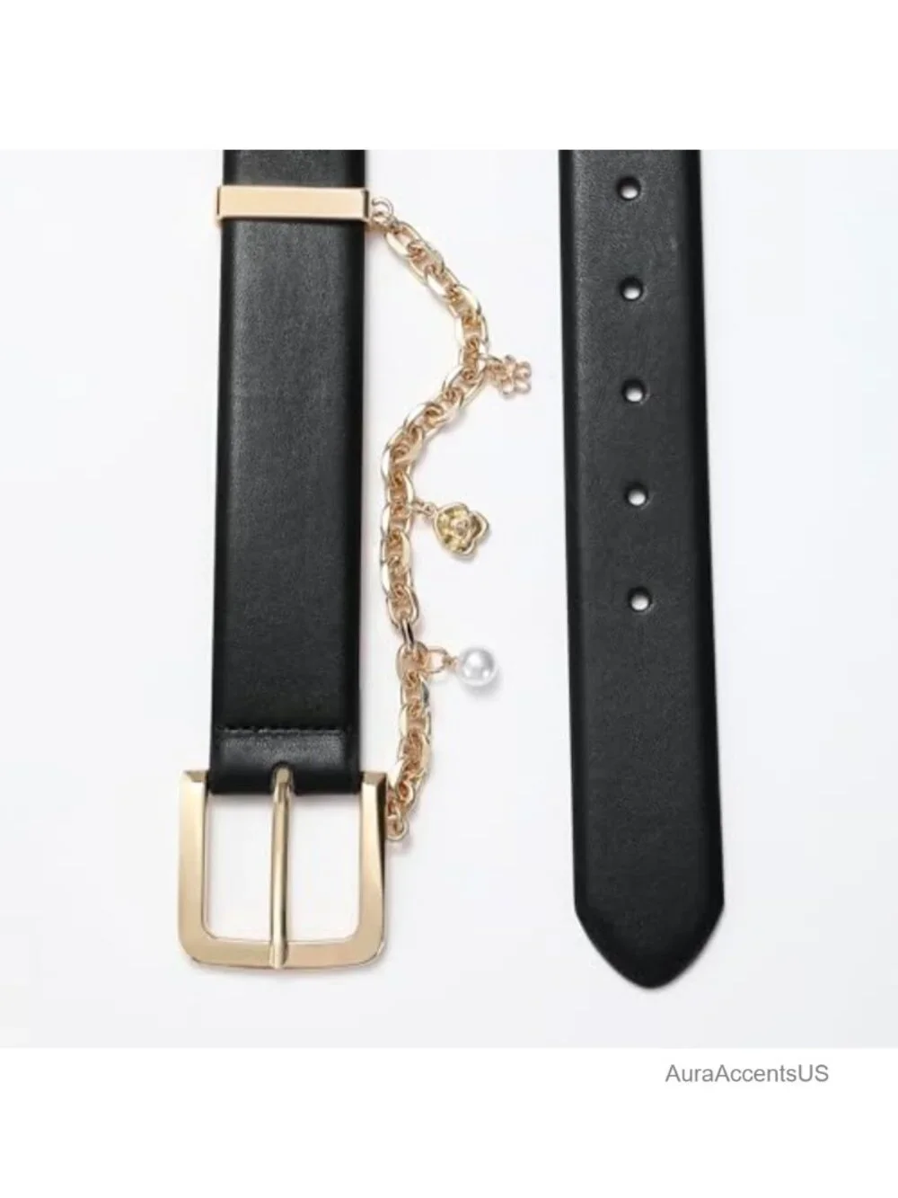Faux Leather Belt with Gold Buckle and Chain for Women